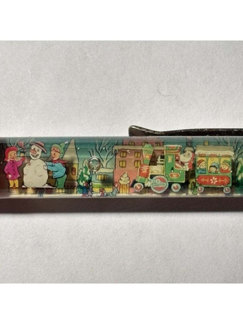 Merry Christmas Floaty Pen Santa Claus Train Moves Snowy Town Vintage Holiday